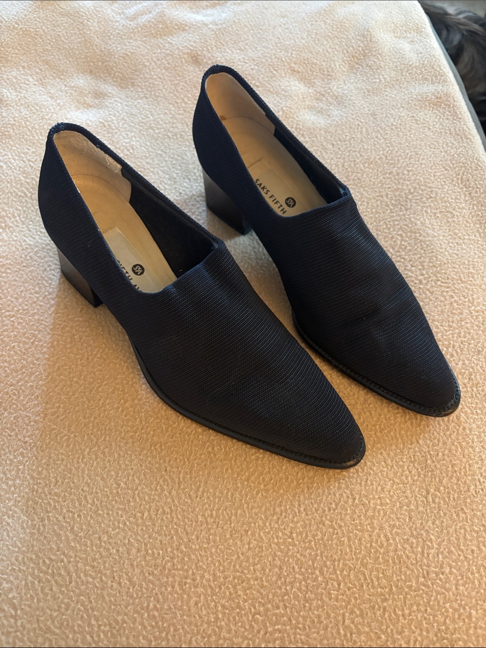 Saks Fifth Avenue Black Pointed Toe Low Block Heel Slip-On Pumps
